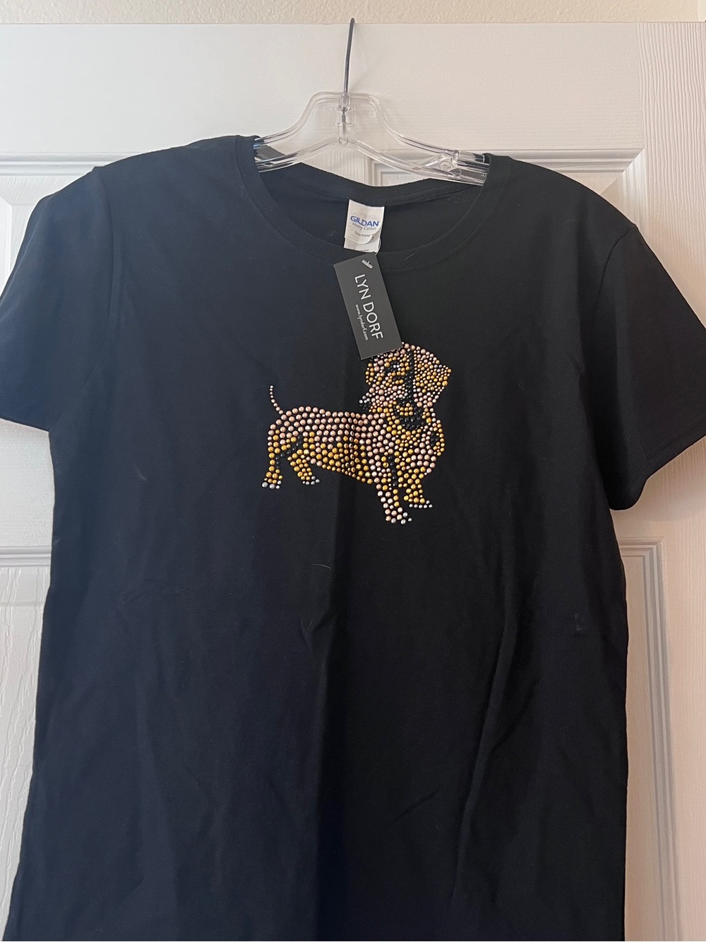 Gildan Black Short Sleeve Tee with Gold & Silver Rhinestone Dachshund